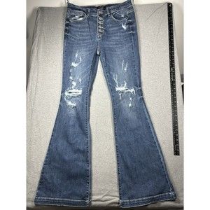 Judy Blue Womens Trouser Flare Jeans Size 11/30 High Rise Button Fly Distressed
